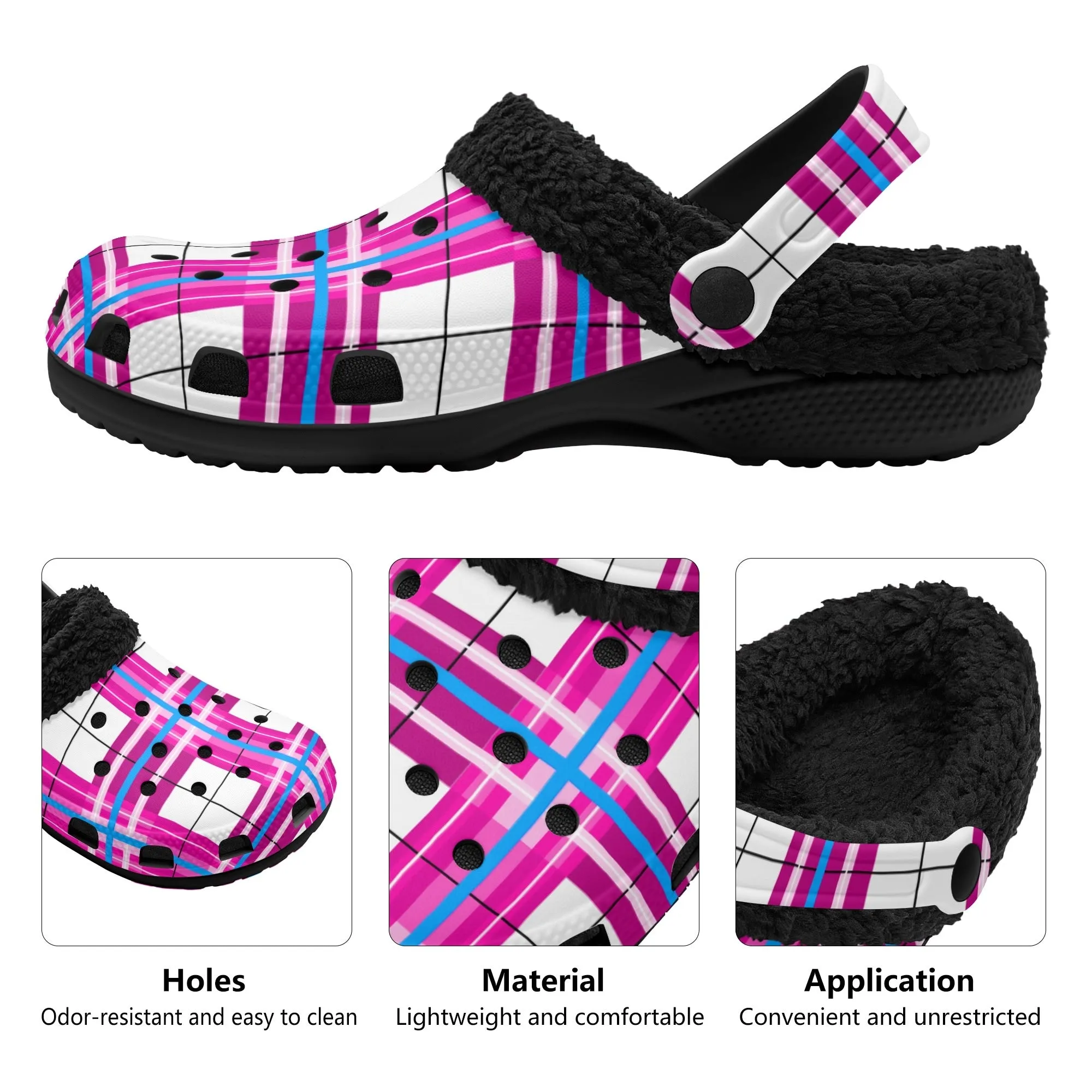 ✨'Islay Sky' Happy Tartan® Adult Clogs With Black Fleece Fur Lining✨
