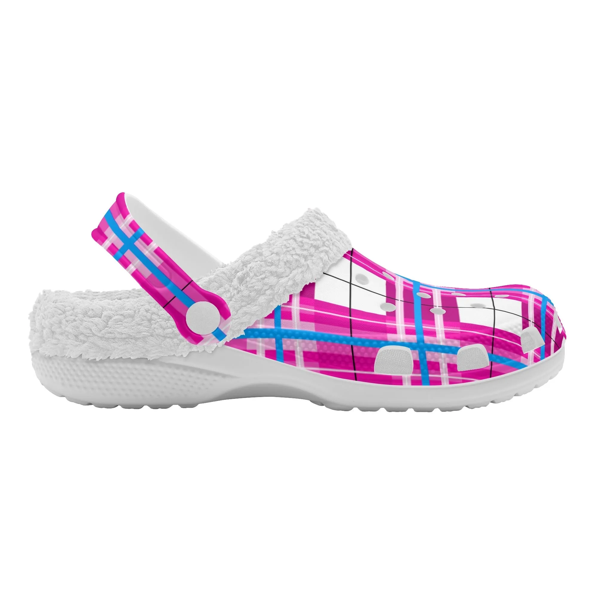 ✨'Islay Sky' Happy Tartan® Adult Clogs With White Fleece Fur Lining✨