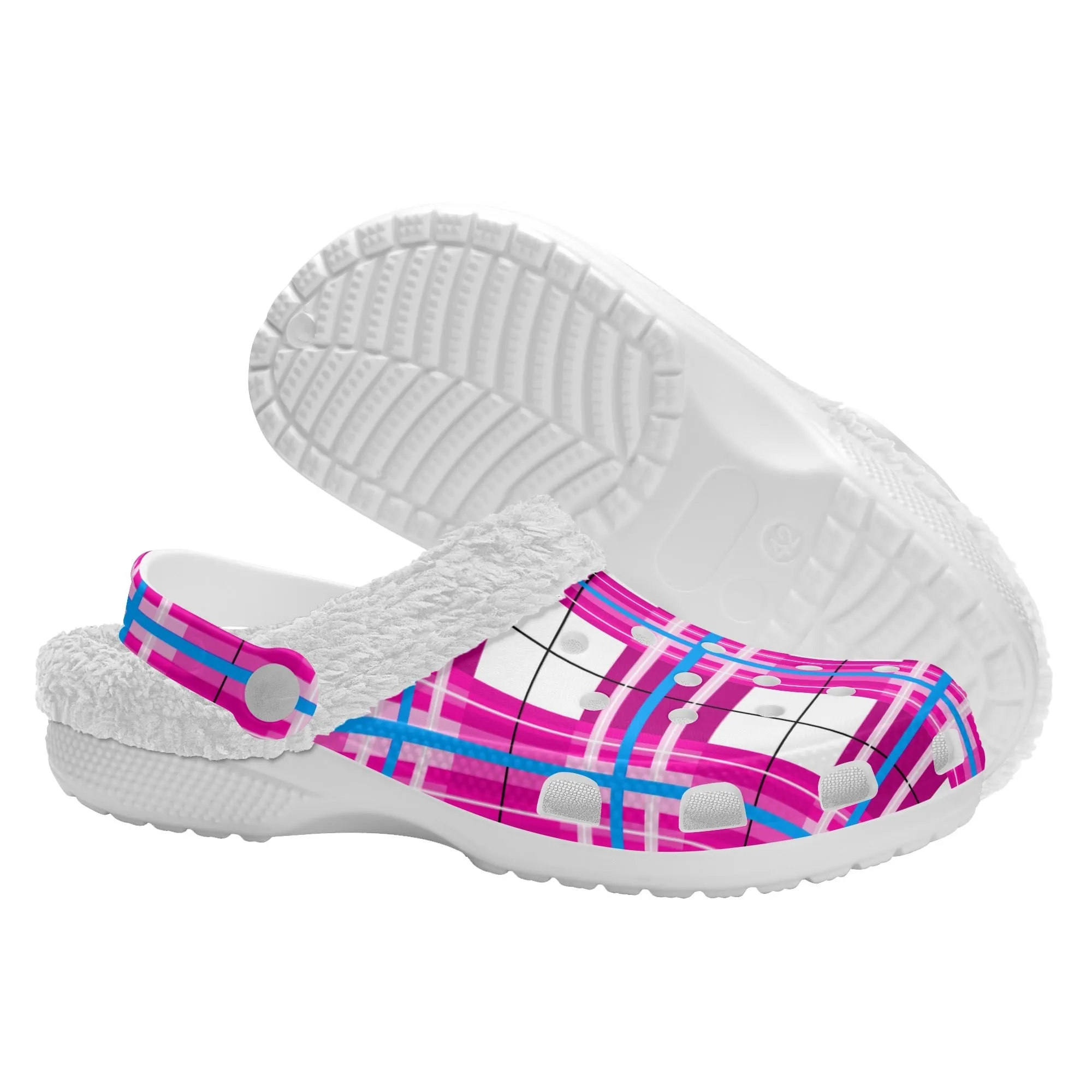 ✨'Islay Sky' Happy Tartan® Adult Clogs With White Fleece Fur Lining✨