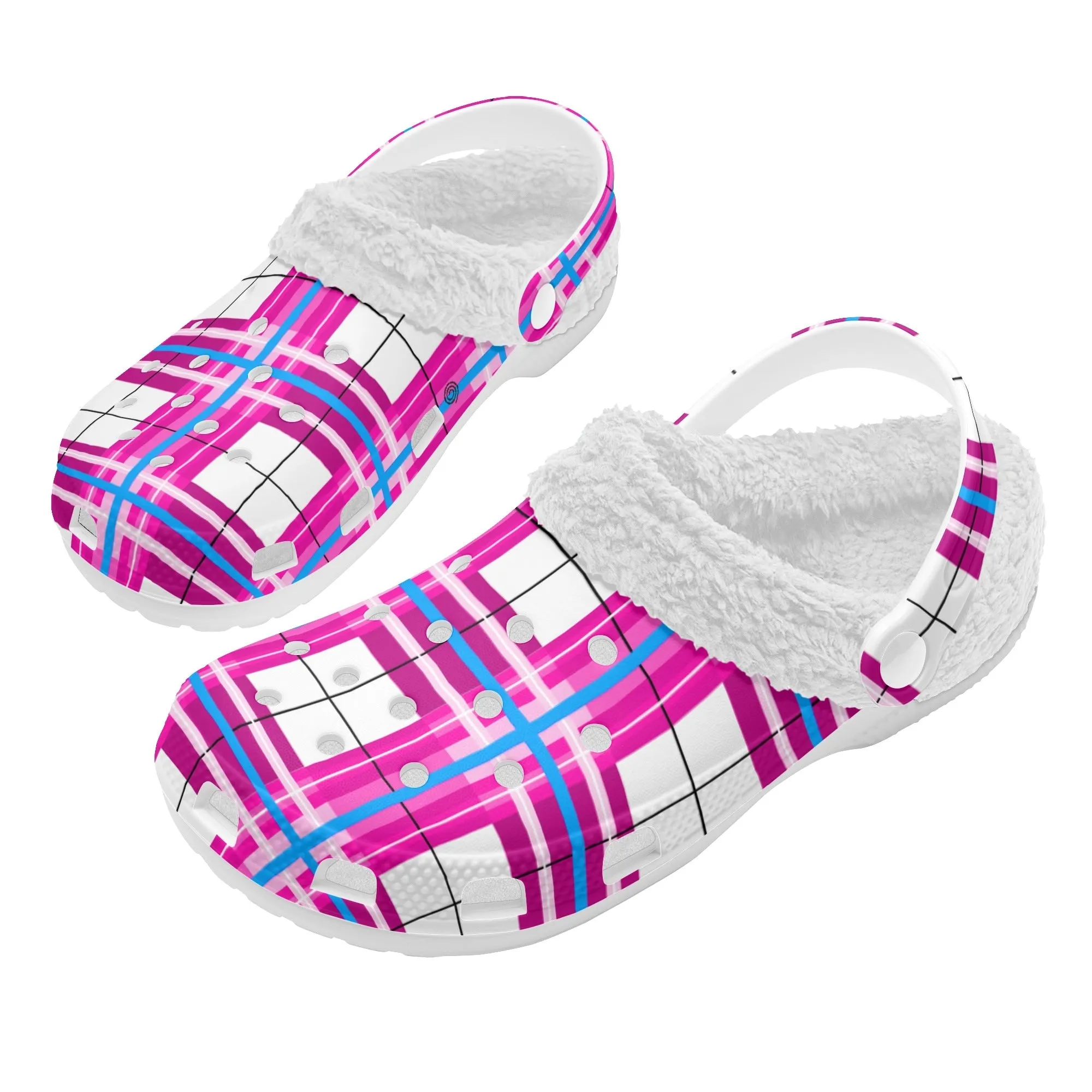 ✨'Islay Sky' Happy Tartan® Adult Clogs With White Fleece Fur Lining✨
