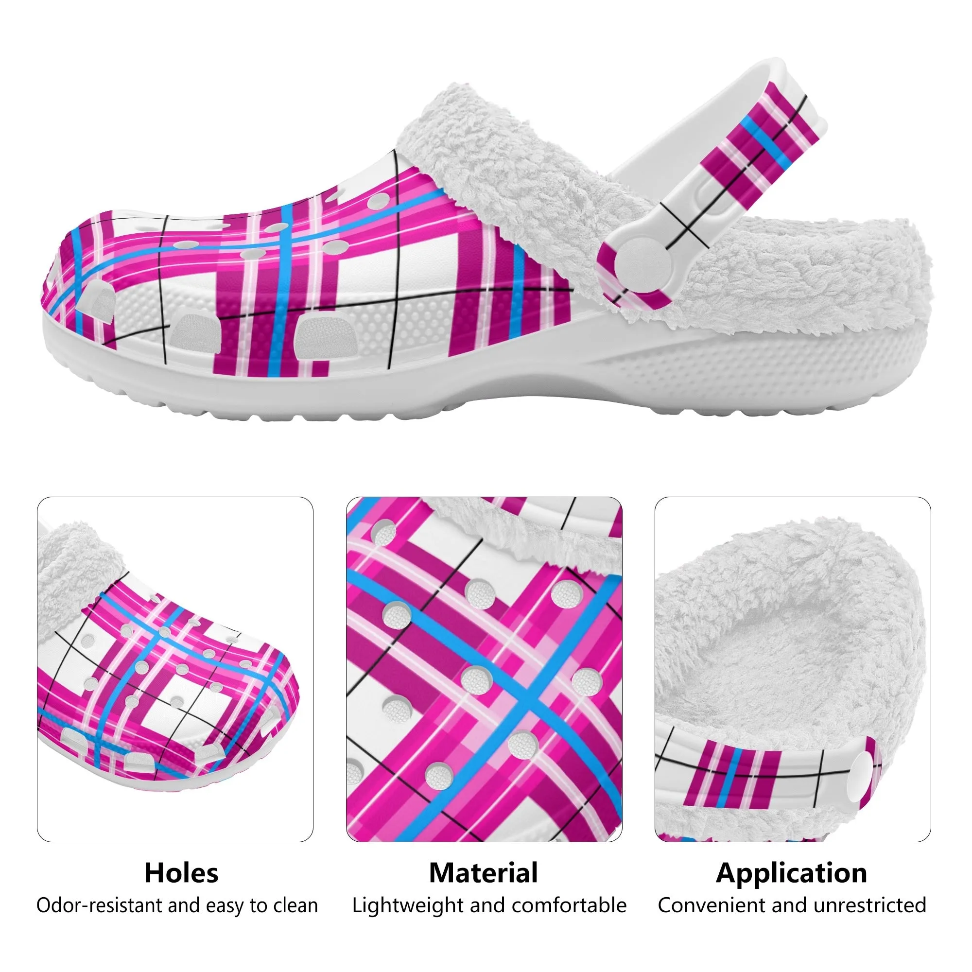 ✨'Islay Sky' Happy Tartan® Adult Clogs With White Fleece Fur Lining✨