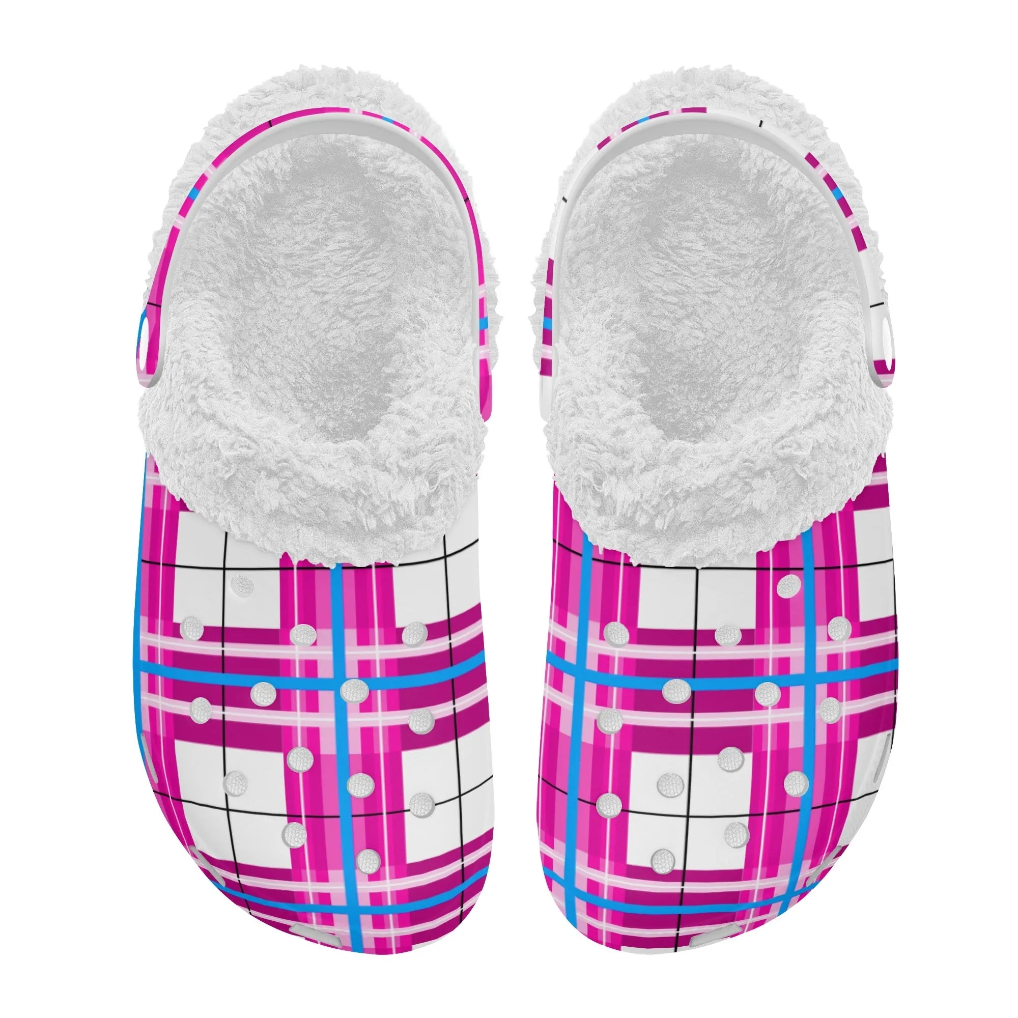 ✨'Islay Sky' Happy Tartan® Adult Clogs With White Fleece Fur Lining✨