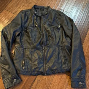 J2 Faux Leather Jacket Women Large Black Moto Biker Zipper Long Sleeve Pockets