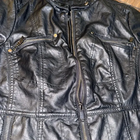 J2 Faux Leather Jacket Women Large Black Moto Biker Zipper Long Sleeve Pockets