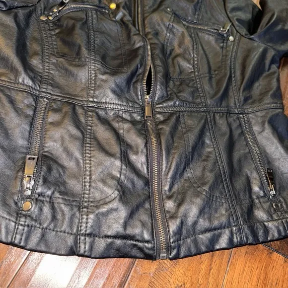 J2 Faux Leather Jacket Women Large Black Moto Biker Zipper Long Sleeve Pockets