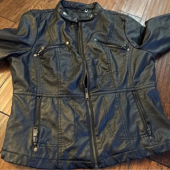 J2 Faux Leather Jacket Women Large Black Moto Biker Zipper Long Sleeve Pockets
