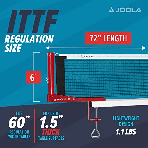 JOOLA Club Competition Table Tennis Net and Post Set  - Portable and Easy Setup 72" Regulation Size Ping Pong Screw On Clamp Net