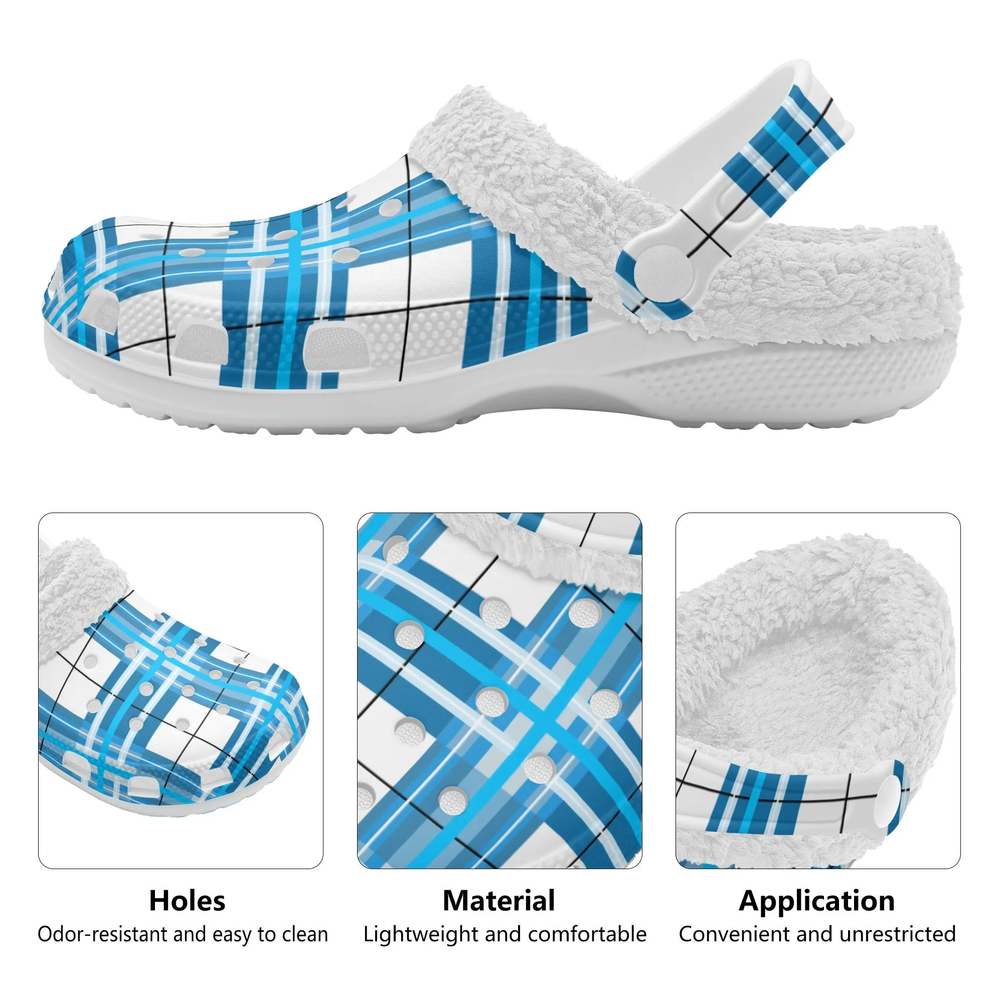 ✨'Jura Sky' Happy Tartan® Adult Clogs With White Fleece Fur Lining✨