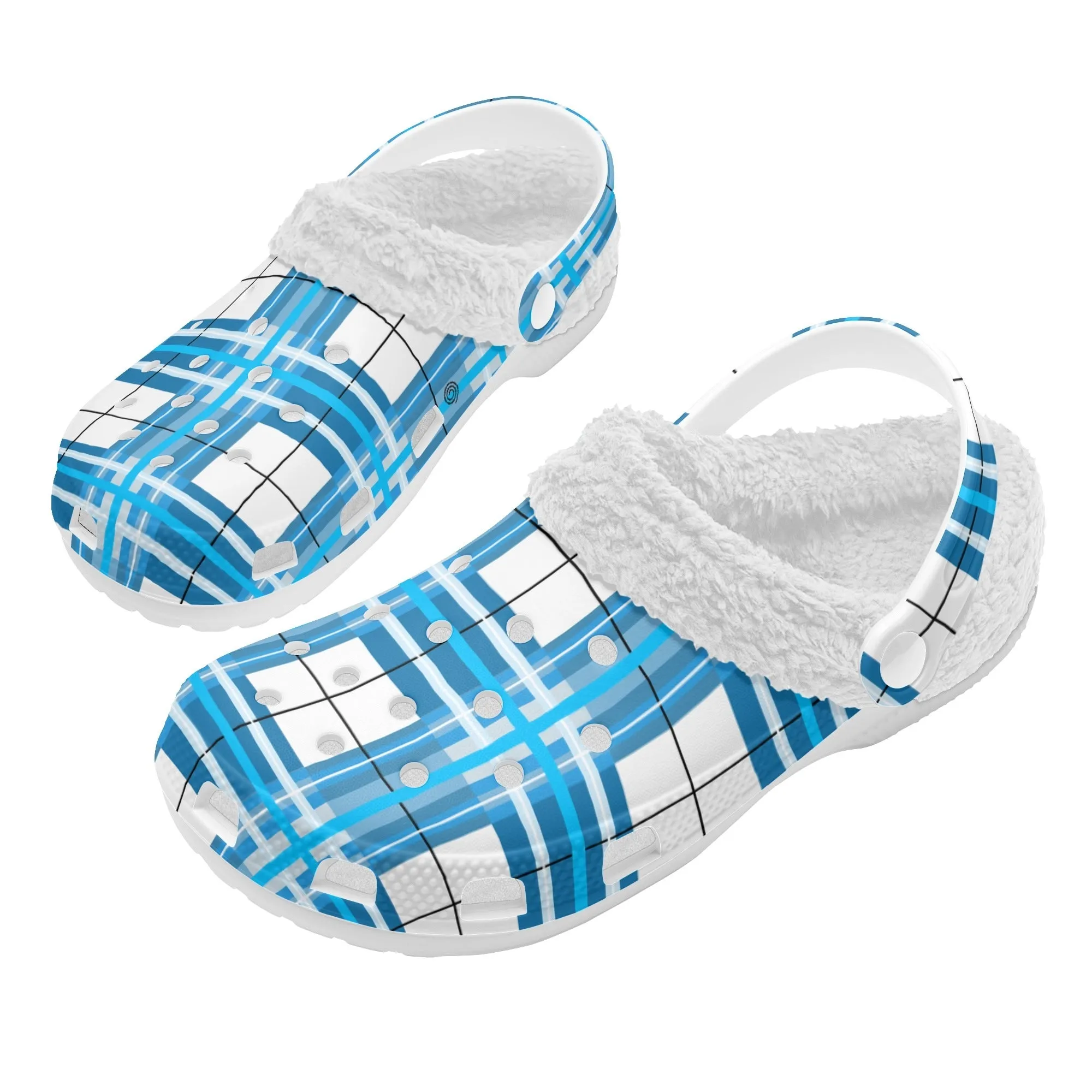 ✨'Jura Sky' Happy Tartan® Adult Clogs With White Fleece Fur Lining✨