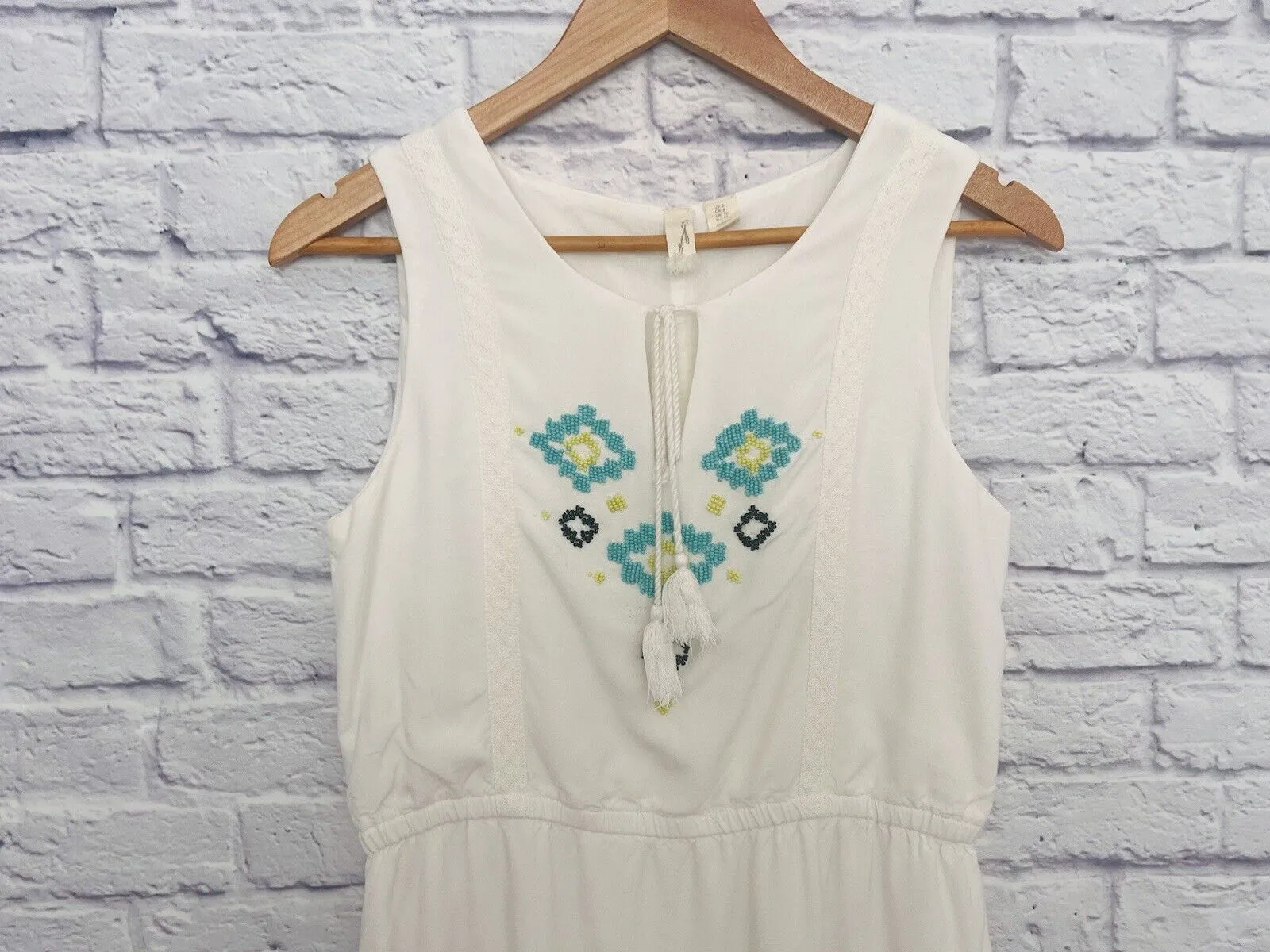 KENZIE White Turquoise Dress Beaded Sz 6 Sleeveless Cotton Lined Boho Western