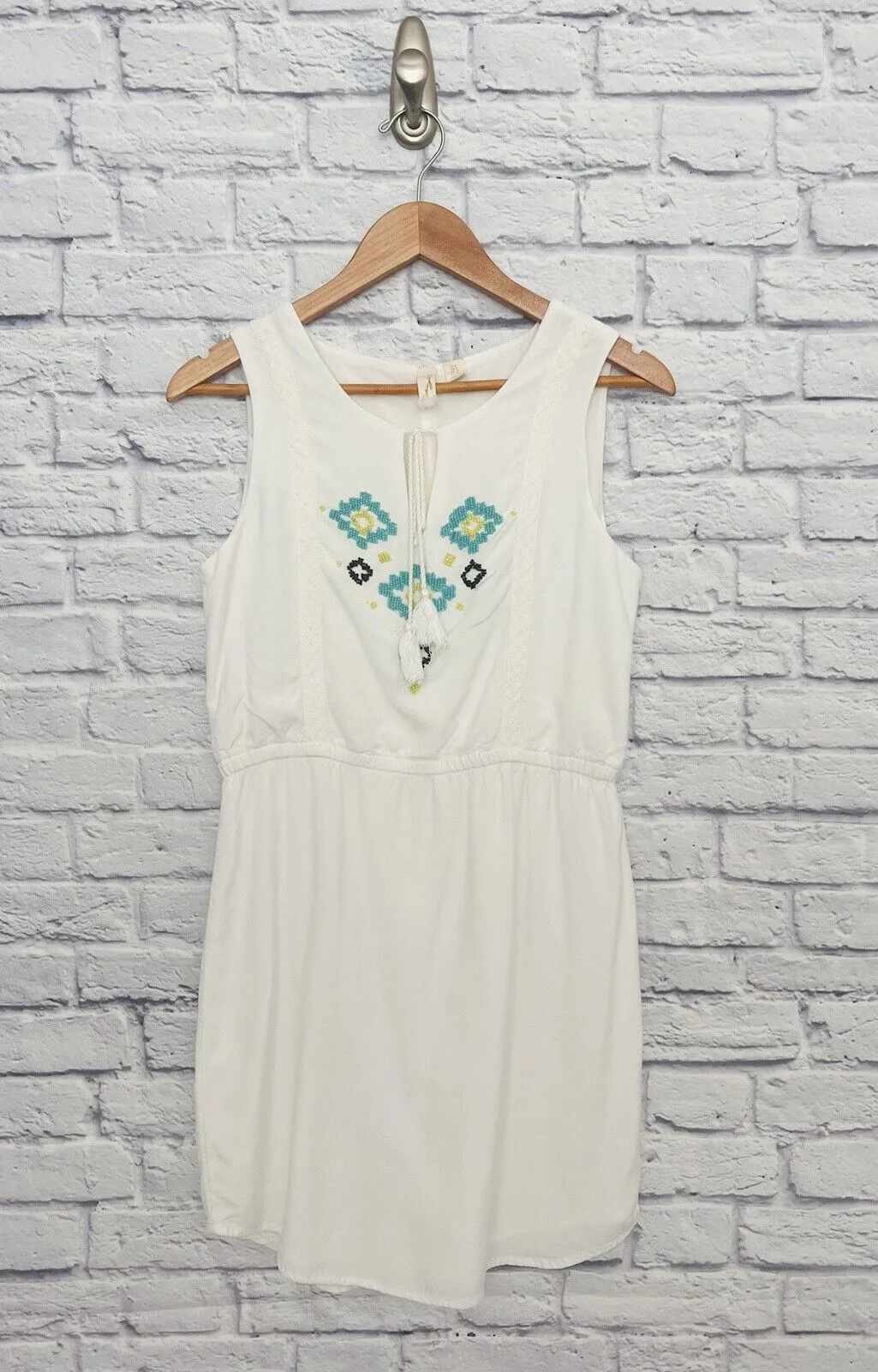 KENZIE White Turquoise Dress Beaded Sz 6 Sleeveless Cotton Lined Boho Western