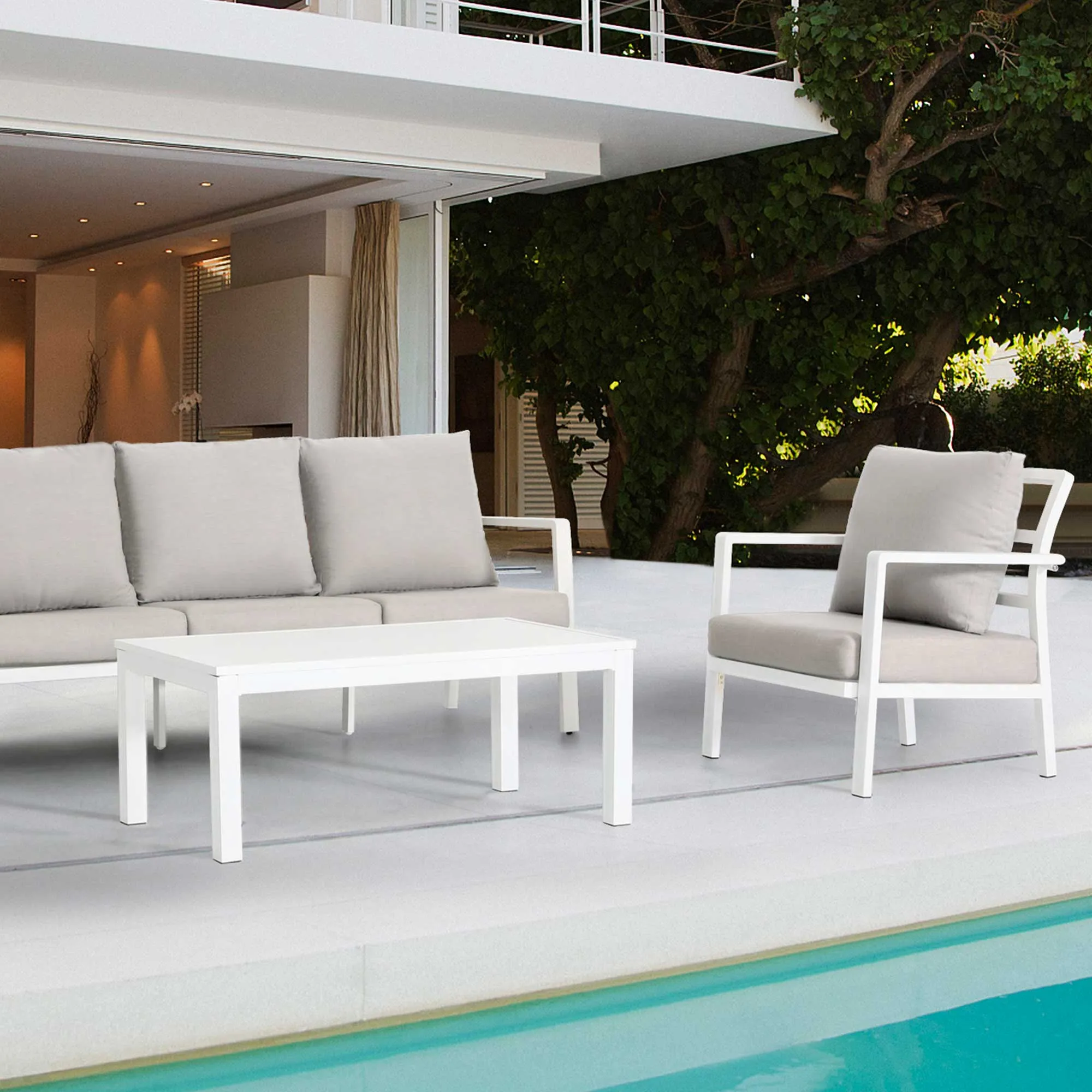 Kyoto 4 Piece Aluminium Outdoor Sofa & Coffee Table Set, White - DG52