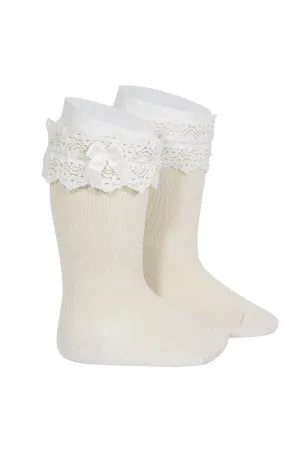 Linen Lace Trim Knee High Socks