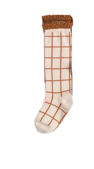 Little Stocking Co Lace Top Knee High Socks - Gold Grid
