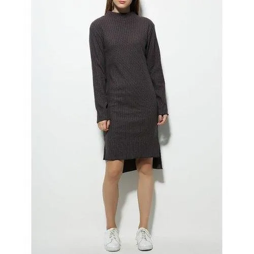 Long Sleeve High Neck Fitted Jumper Dress - Gray S