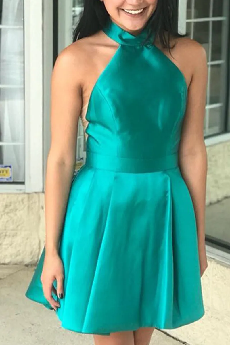 MACloth Halter High Neck Satin Short Prom Homecoming Dress Blue Formal Cocktail Dress