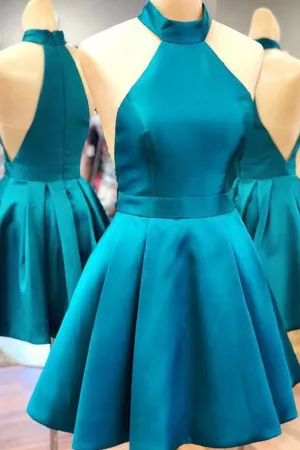 MACloth Halter High Neck Satin Short Prom Homecoming Dress Blue Formal Cocktail Dress