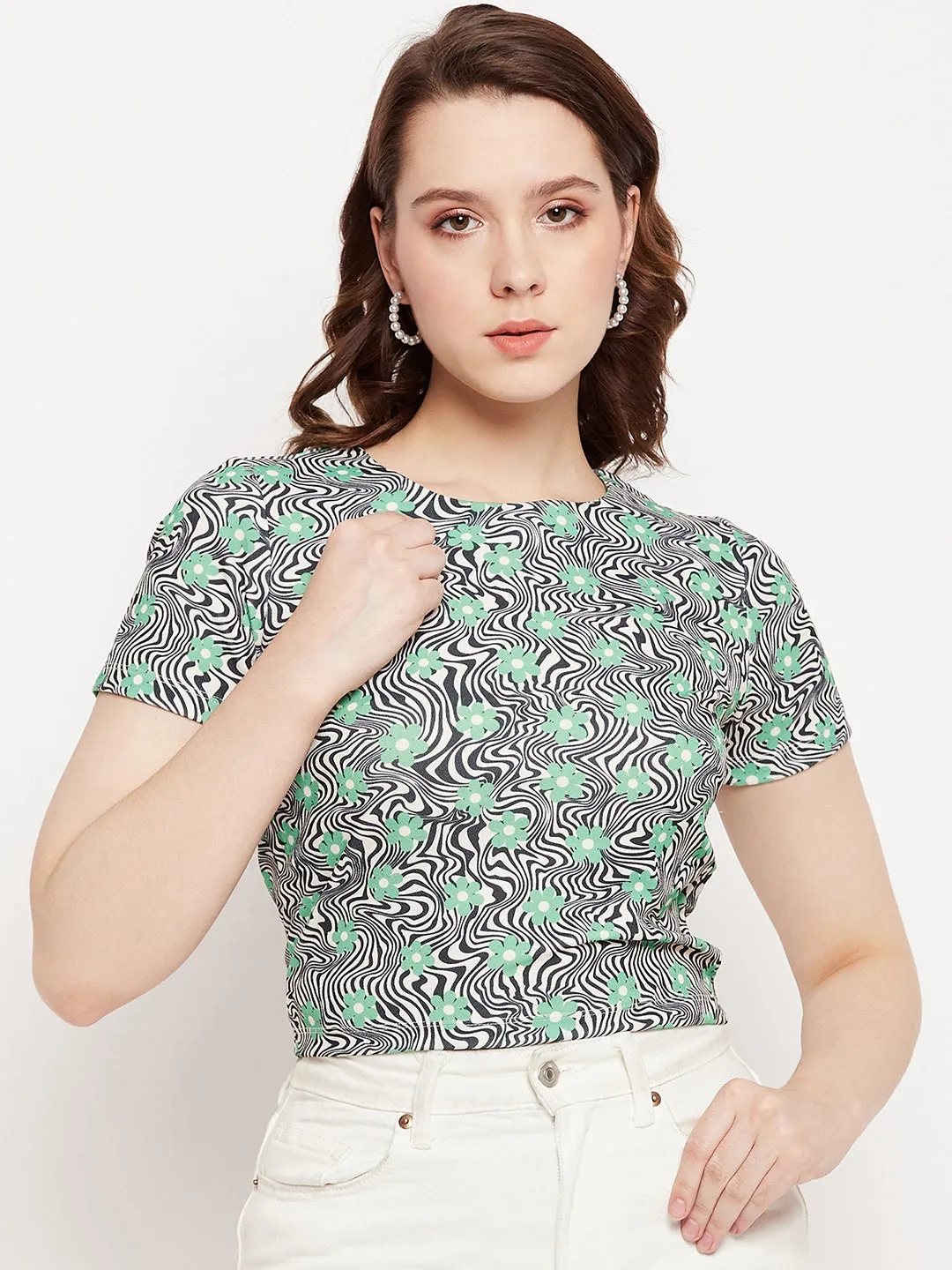 Madame Green Round Neck Floral Tshirt