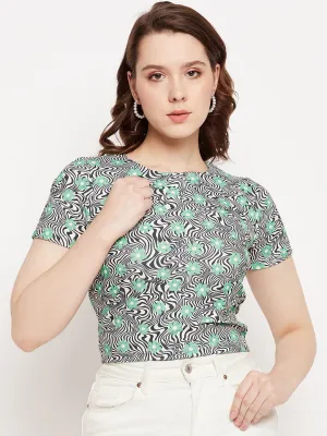 Madame Green Round Neck Floral Tshirt