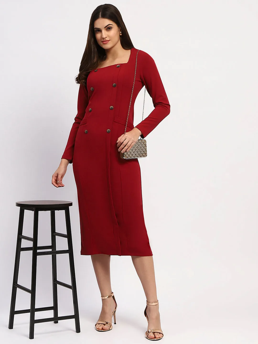 Madame Red Double-Breasted Detailing Long Dress