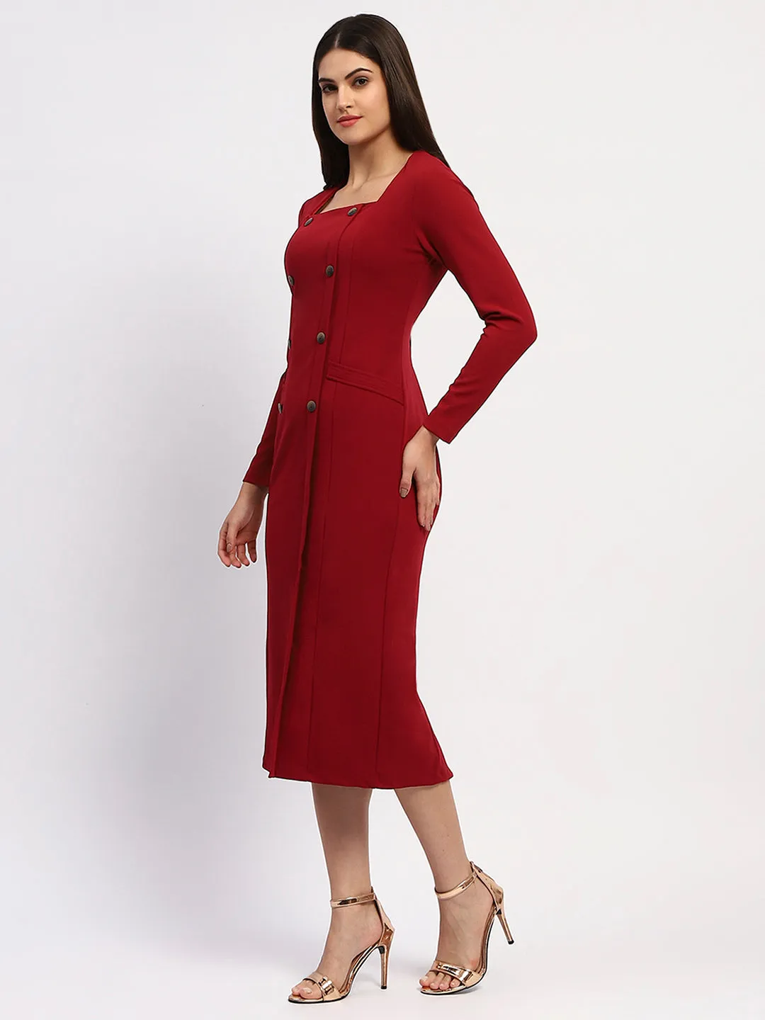 Madame Red Double-Breasted Detailing Long Dress