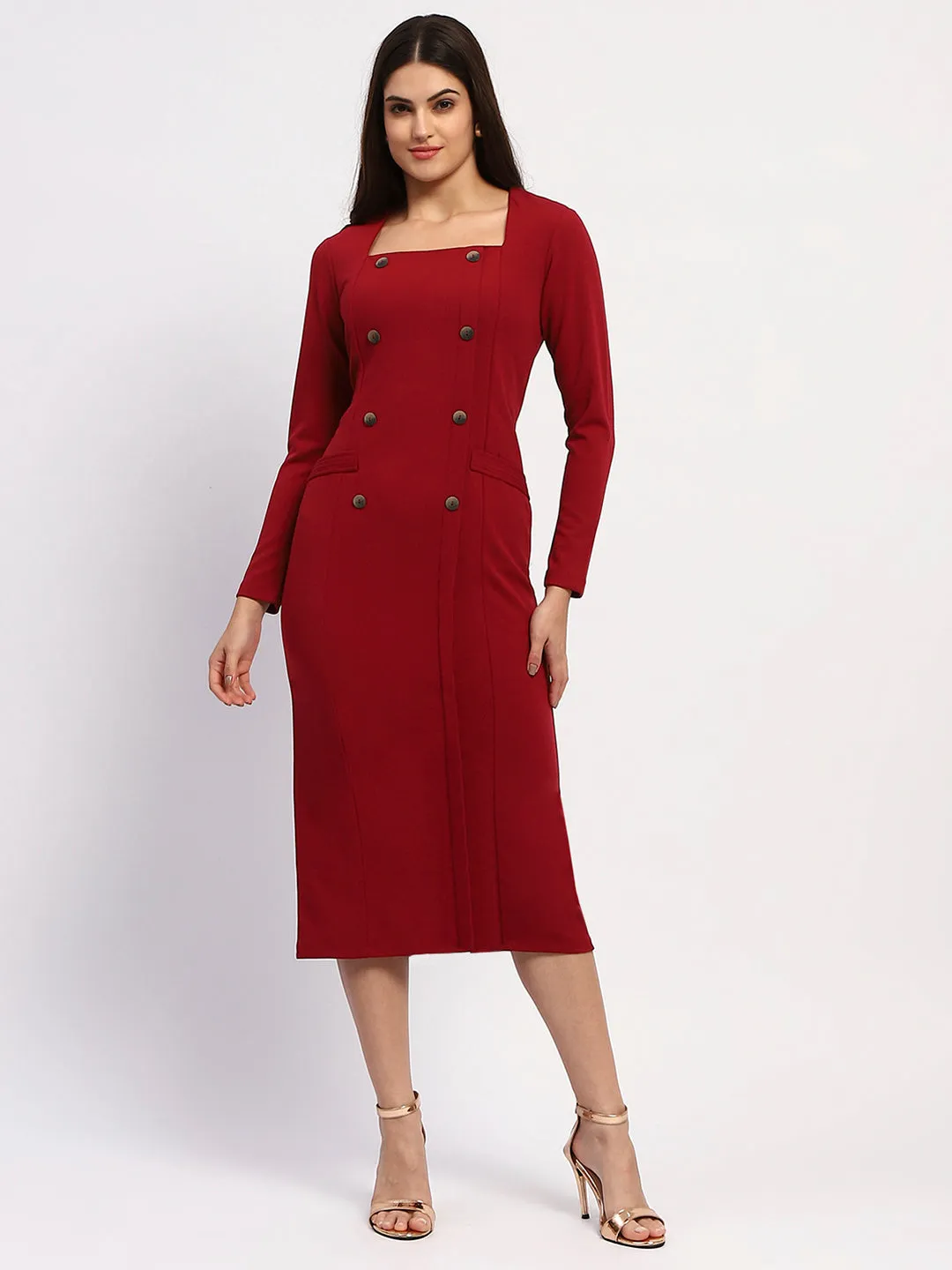 Madame Red Double-Breasted Detailing Long Dress