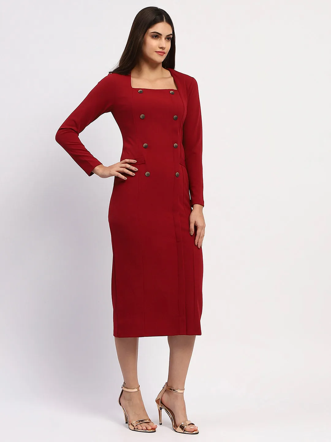 Madame Red Double-Breasted Detailing Long Dress