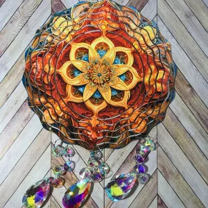 Mandalas 3D Sublimation Aluminum Metal Wind Spinner with Crystal Pendant for Outdoor Garden Yard Hanging Ornament Decoration