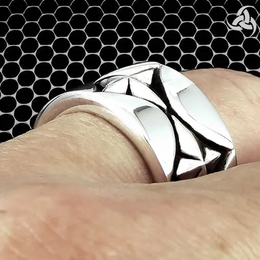 Mens Biker Ring Aztec Mayan Star Sterling Silver