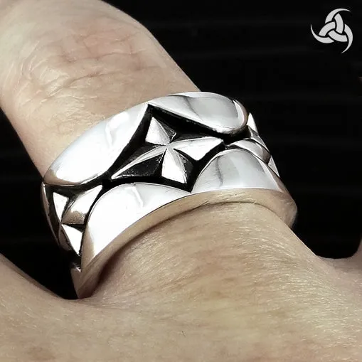 Mens Biker Ring Aztec Mayan Star Sterling Silver