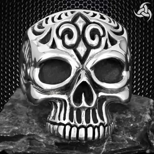 Mens Biker Ring Memento Mori Heavy Skull Sterling Silver