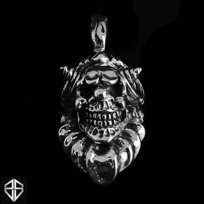 Mens Biker Skull Pendant Sterling Silver Clown Jester Medallion