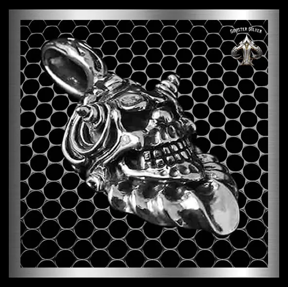 Mens Biker Skull Pendant Sterling Silver Clown Jester Medallion
