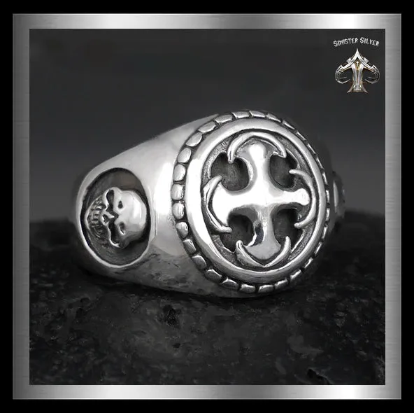 Mens Biker Skull Ring Masonic Knights Templar Cross Sterling Silver
