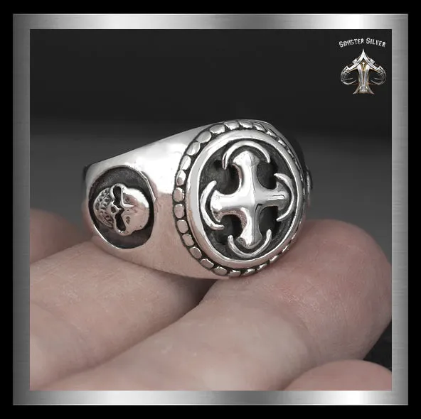 Mens Biker Skull Ring Masonic Knights Templar Cross Sterling Silver