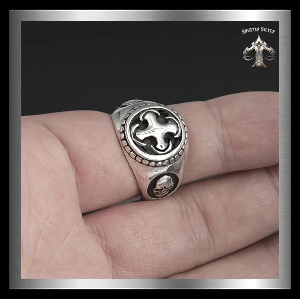 Mens Biker Skull Ring Masonic Knights Templar Cross Sterling Silver