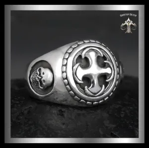 Mens Biker Skull Ring Masonic Knights Templar Cross Sterling Silver