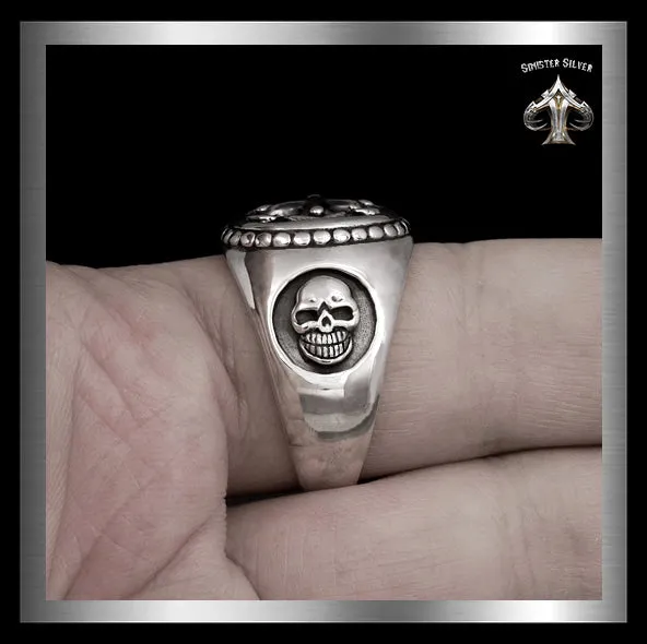 Mens Biker Skull Ring Masonic Knights Templar Cross Sterling Silver