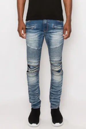 Men's  Creased Biker Denim Jeans