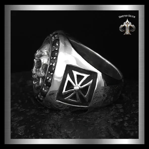 Mens Masonic Biker Skull Ring Sterling Silver Cross Sides