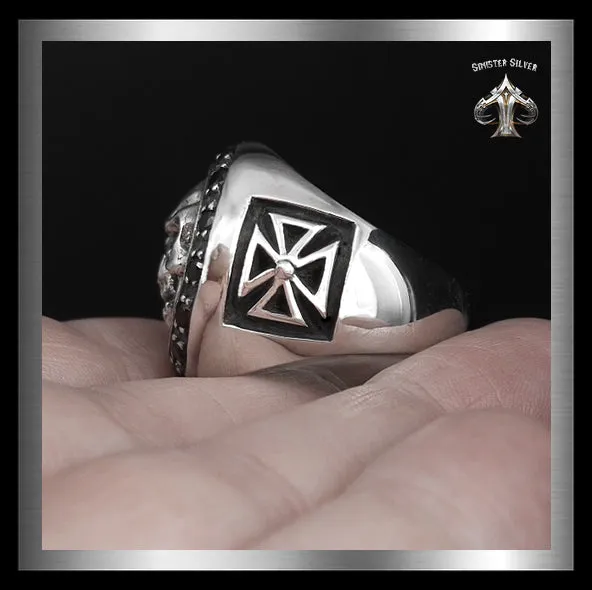 Mens Masonic Biker Skull Ring Sterling Silver Cross Sides