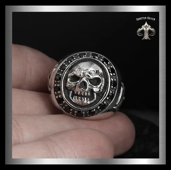 Mens Masonic Biker Skull Ring Sterling Silver Cross Sides