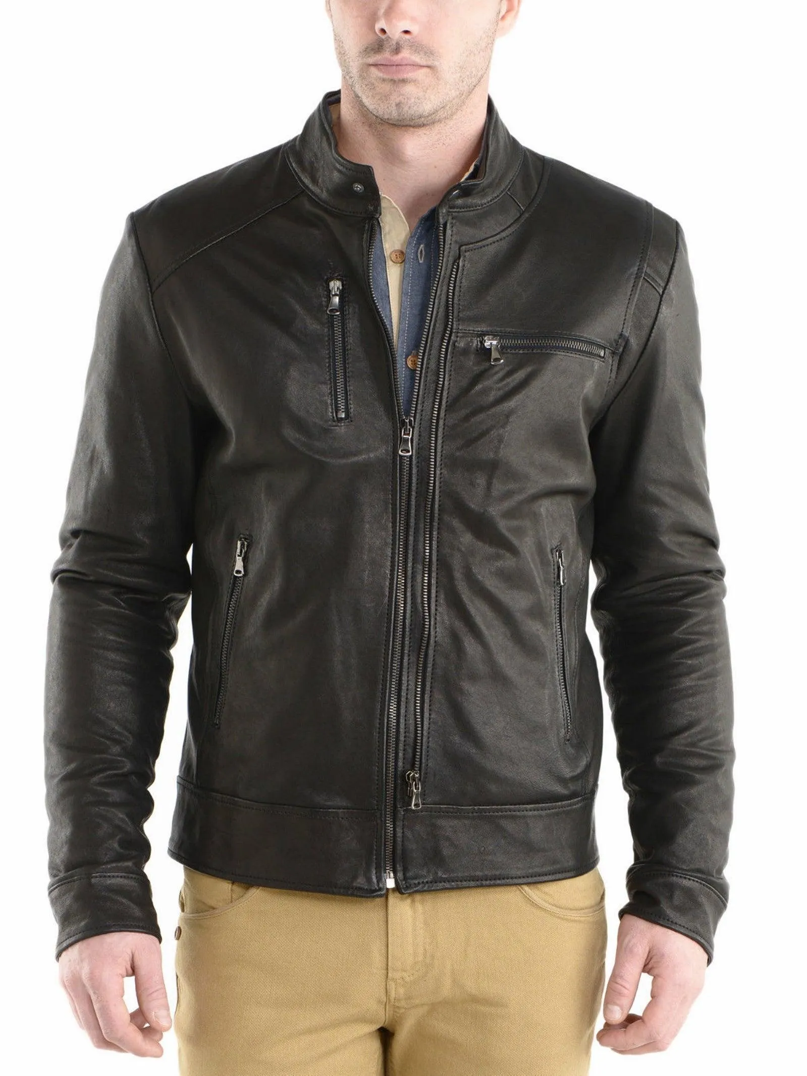 Men's Motorcycle Leather Jacket Black MJ008