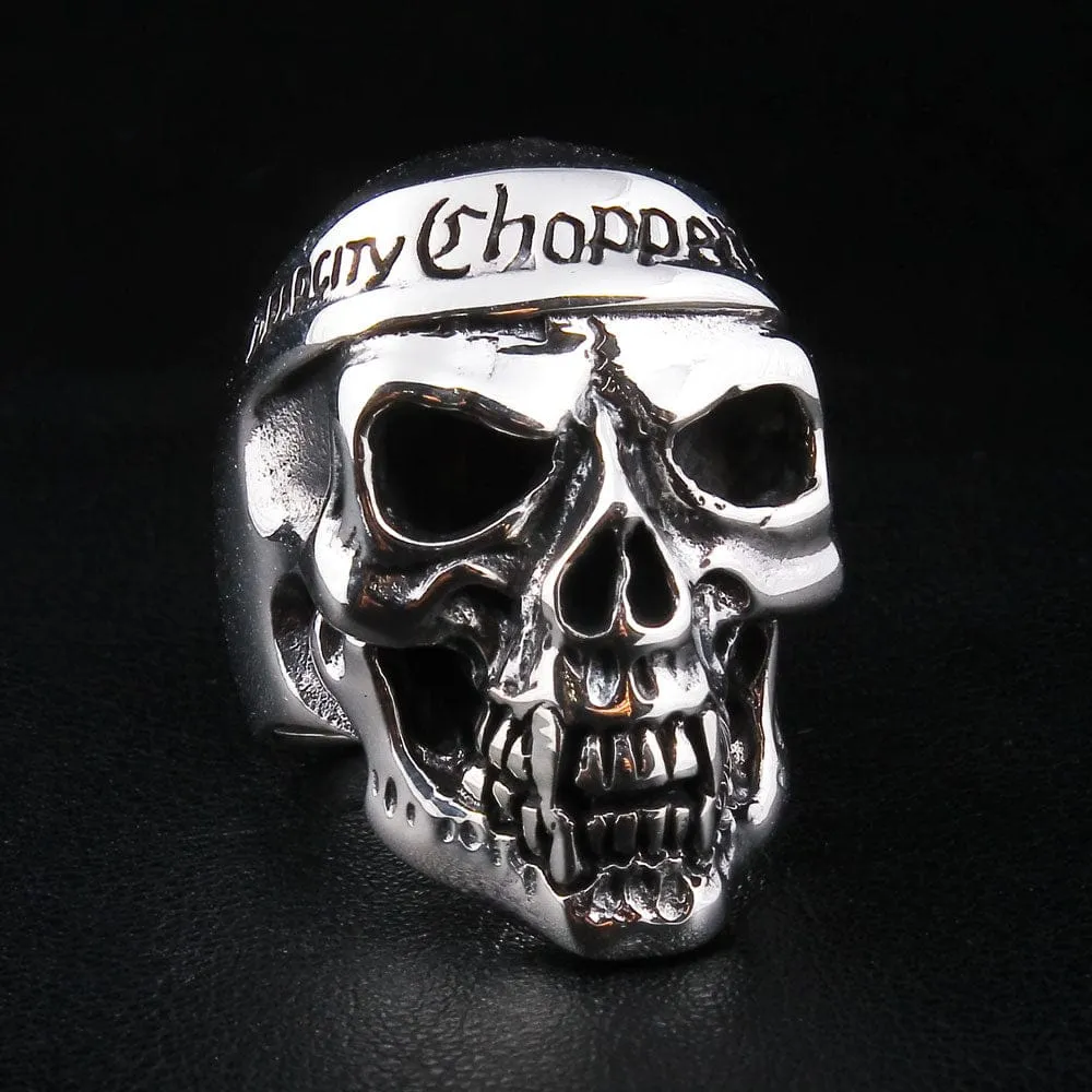 Motorcycle Chopper Biker Skull Sterling Silver Ring