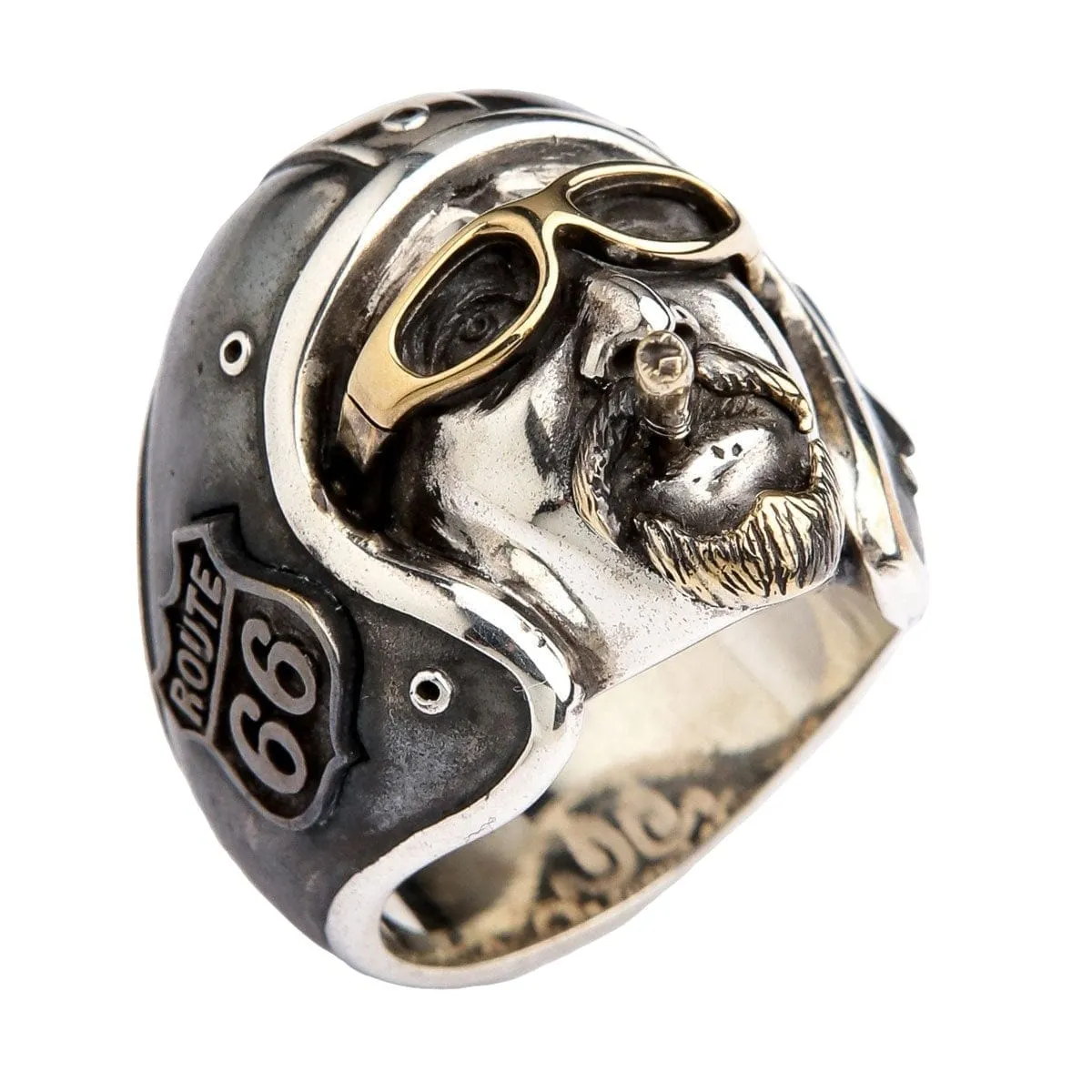 Motorcycle Helmet Route 66 Sterling Silver Biker Ring