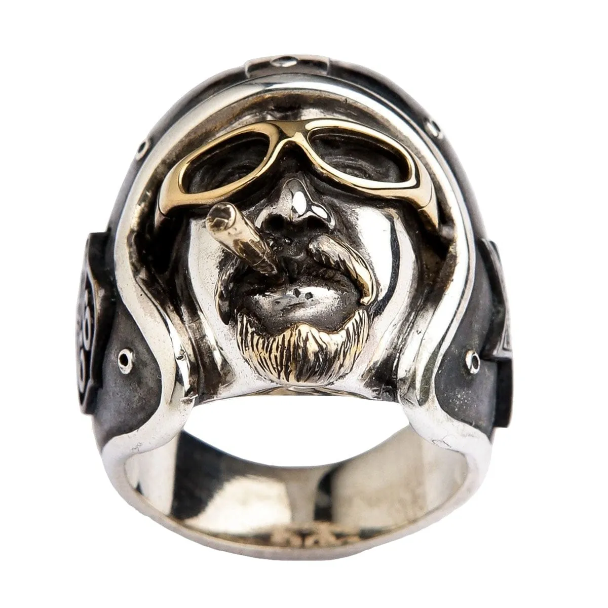 Motorcycle Helmet Route 66 Sterling Silver Biker Ring