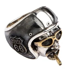 Motorcycle Helmet Route 66 Sterling Silver Biker Ring