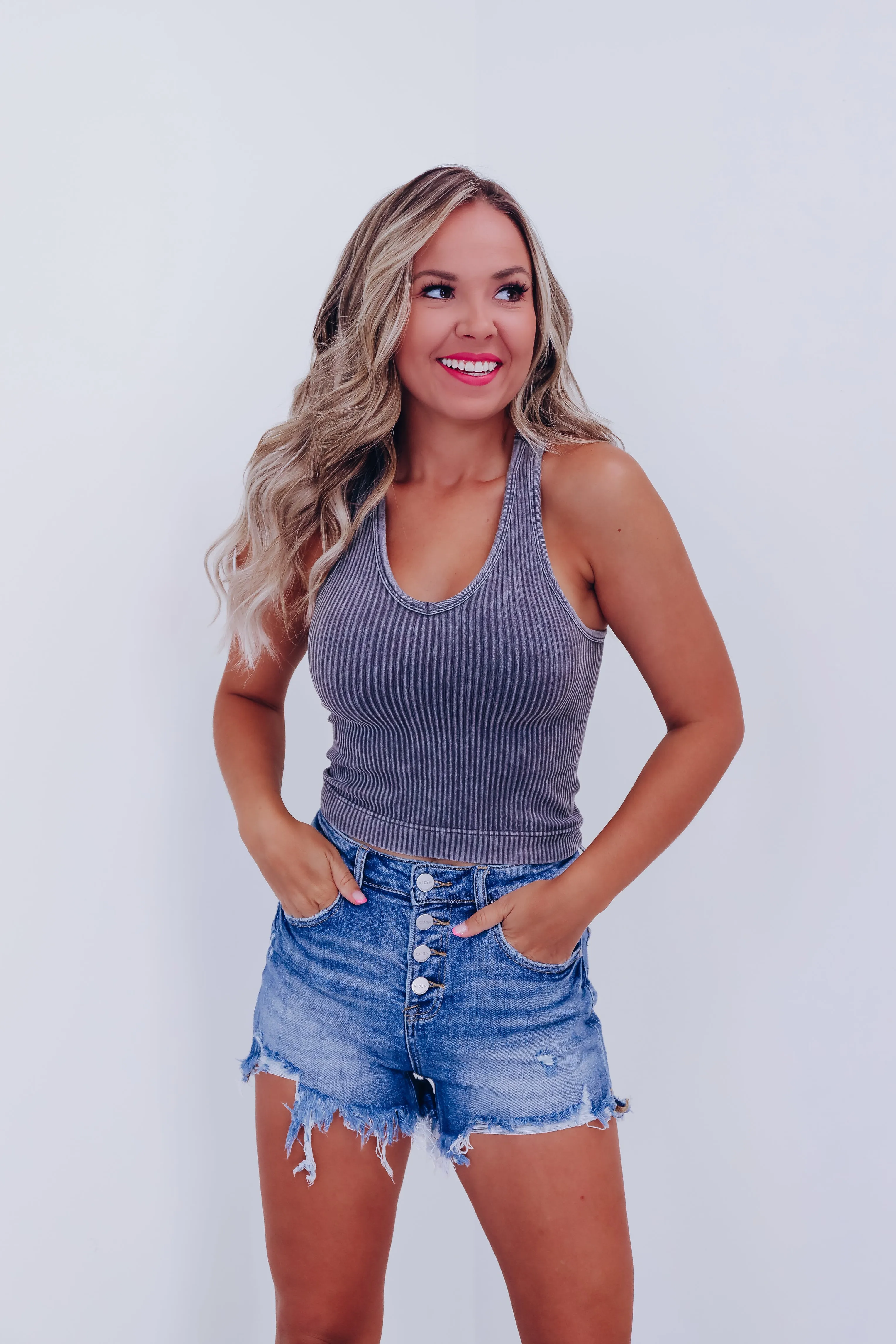 Must Have V-Neck Ribbed Tank - Ash Grey