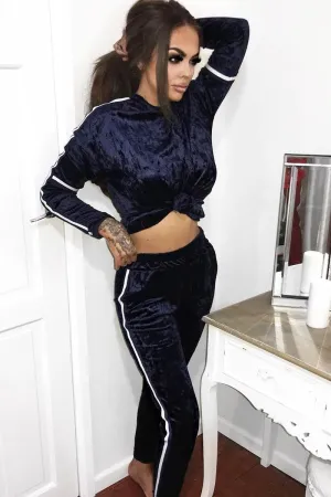 Navy Velvet Striped Trim Co-ord Set - Beau