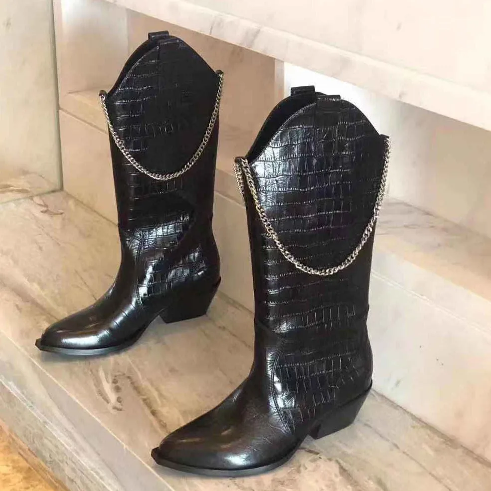 New Metal chain Tassel Black Knee high boots women crocodile leather Square chunky heel Knight boots Sexy Cowboy boots Femme